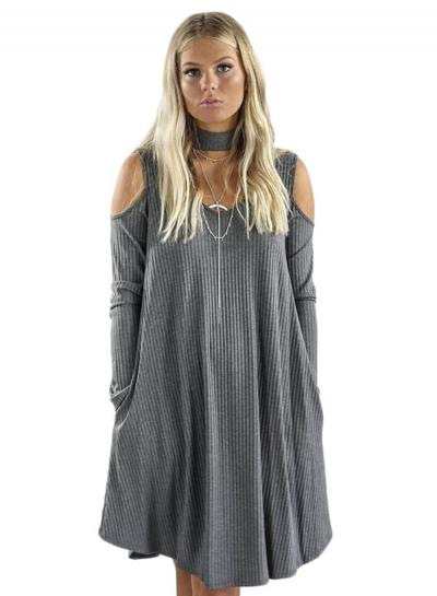 Oasap Halter Neck Off Shoulder Long Sleeve Solid Color Day Dress