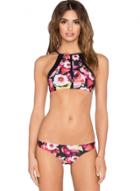 Oasap High Neck Floral Print Bikini Set Swimwear