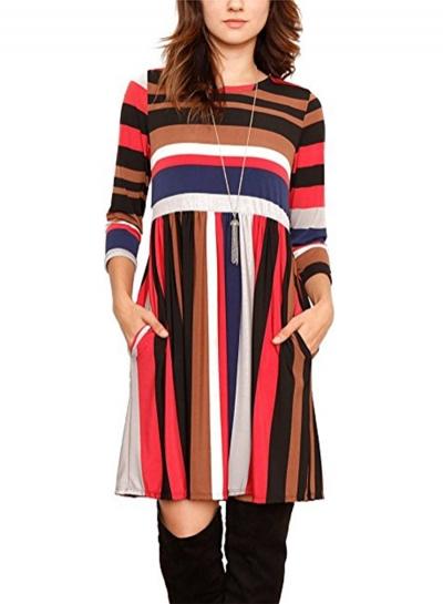 Oasap Round Neck Striped Long Sleeve Midi Dress