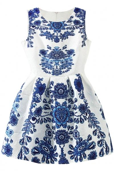 Oasap Floral Jacquard Pleated White Skater Tank Dress