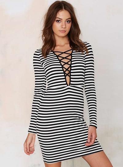 Oasap Women's Striped Plunge Front Bodycon Dress