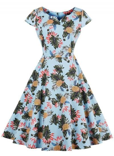 Oasap Vintage Short Sleeve Pineapple Printed Swing Dress