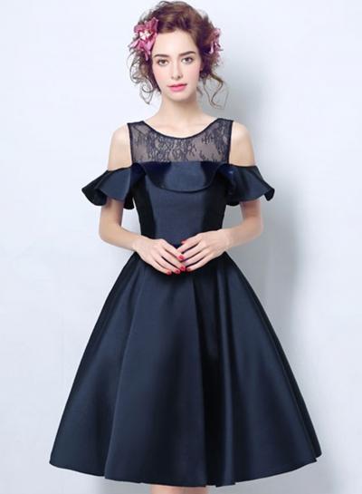 Oasap U Neck Off The Shoulder Pleated Solid Prom Midi Dress