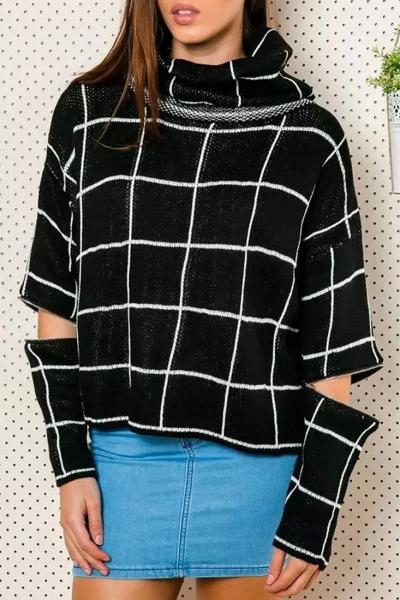 Oasap Fashion Plaid Zip-sleeved Turtleneck Ribbed Sweater