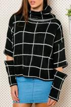 Oasap Fashion Plaid Zip-sleeved Turtleneck Ribbed Sweater