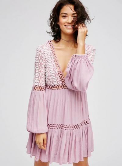 Oasap Deep V Neck Long Sleeve Backless Embroidery Dress