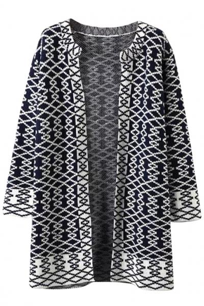 Oasap Geo Print Open Front Knit Cardigan