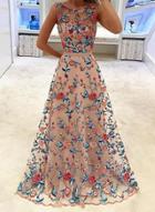 Oasap Fashion Sleeveless Floral Embroidery Maxi Dress