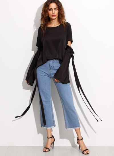Oasap Round Neck Flare Sleeve Hollow Out Lace Up Blouse
