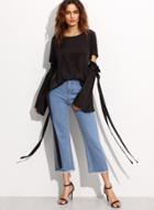 Oasap Round Neck Flare Sleeve Hollow Out Lace Up Blouse