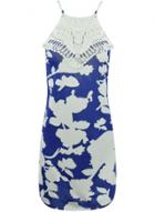 Oasap Women's Floral Print Lace Paneled Crossed Backless Mini Dress