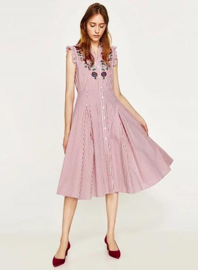 Oasap Striped Floral Embroidery Sleeveless Ruffle Midi Dress