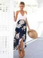 Oasap Floral Printed Halter V Neck Sleeveless Backless Lace Chiffon Dress