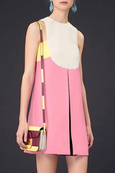 Oasap Fancy Color Block High Neck Skater Dress