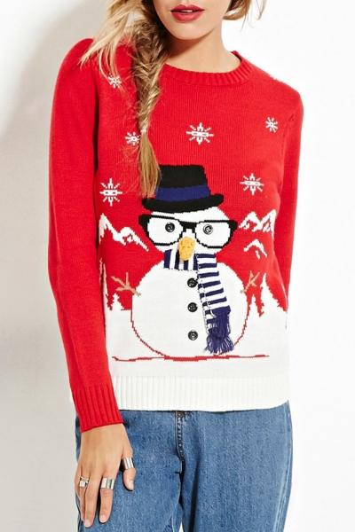 Oasap Christmas Snowman Pattern Decor Round Neck Knit Sweater