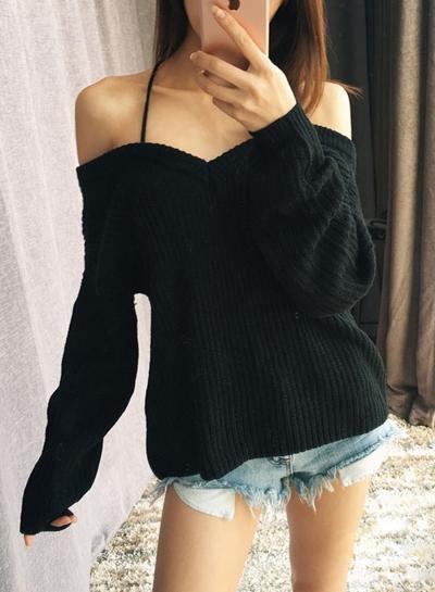 Oasap Spaghetti Strap Slash Neck Off Shoulder Solid Color Knit Sweater