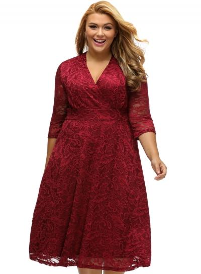 Oasap Plus Size Surplice Lace Formal Skater Dress