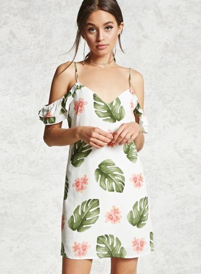 Oasap Backless Off Shoulder Printed Spaghetti Strap Dress