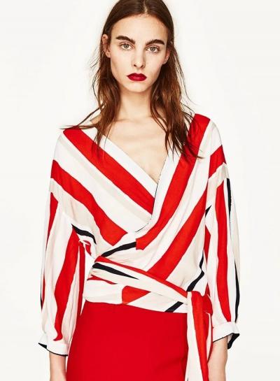 Oasap Striped V Neck Long Sleeve Tie Blouse