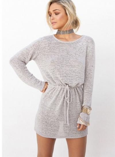 Oasap Casual Long Sleeve Backless Drawstring Waist Mini Dress