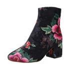 Oasap Suede Floral Print Round Toe Block Heels Ankle Boots