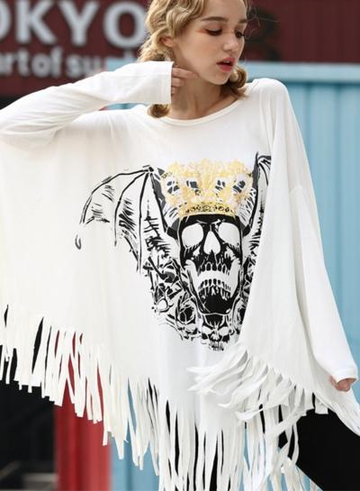 Oasap Batwing Sleeve Halloween Skull Irregular Tee With Tassel