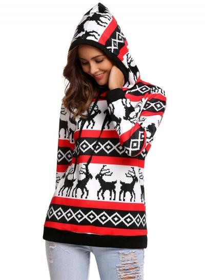 Oasap Fashion Christmas Deer Printed Loose Hoodie