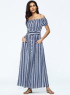 Oasap Fashion Off Shoulder Short Sleeve Striped Maxi Dress