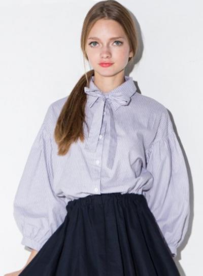 Oasap Women's Stripe Lantern Sleeve Elastic Waist Shirt Dress