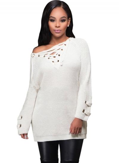 Oasap V Neck Lace-up Long Sleeve Knit Dress