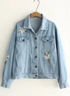 Oasap Turn Down Collar Long Sleeve Floral Embroidery Denim Coat
