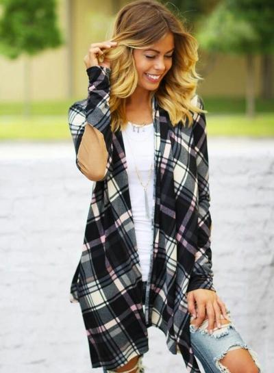 Oasap Long Sleeve Plaid Patch Splicing Asymmetric Design Coat