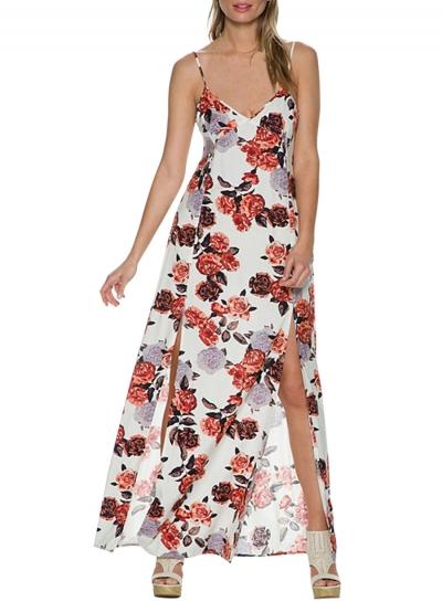 Oasap Women's Floral Print Spaghetti Strap Lace Panel High Slit Maxi Dress