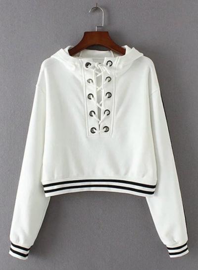 Oasap Lace Up Front Long Sleeve Pullover Hoodie Sweatshirt