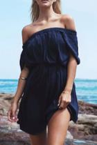 Oasap Navy Pleated Off-the-shoulder Dress