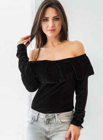 Oasap Off Shoulder Flounce Panel Solid Color Tee Shirt