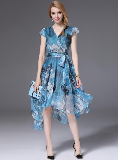 Oasap V Neck Floral Printed Midi Day Dresses