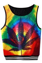 Oasap Leaf Print Sleeve Slim Fit Round Neck Tank