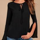 Oasap Solid Color Round Neck Slit Sleeve Blouse