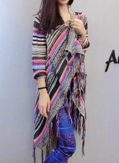 Oasap Vintage Open Front Long Sleeve Knit Striped Cardigan With Tassel