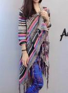 Oasap Vintage Open Front Long Sleeve Knit Striped Cardigan With Tassel