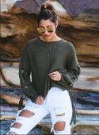 Oasap Round Neck Long Sleeve Solid Color Lace-up Sweater