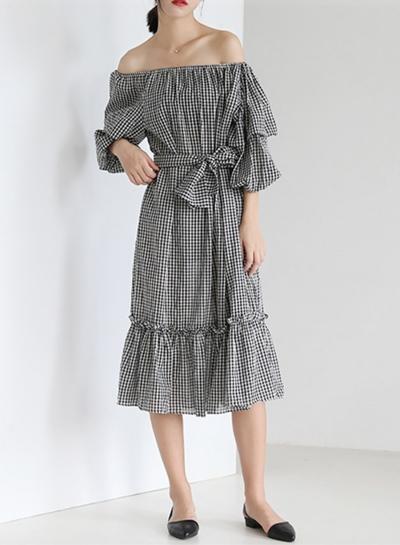 Oasap Plaid Off Shoulder Flounce Sleeve Midi Dress With Belt