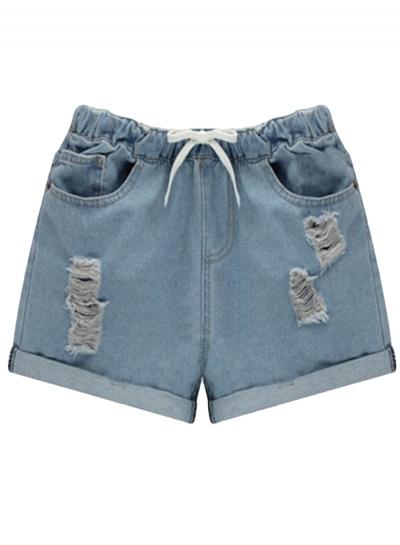 Oasap Drawstring Waist Ripped Denim Shorts