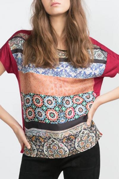 Oasap Vintage National Wind Print Raglan Chiffon Blouse
