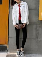 Oasap Turn Down Collar Long Sleeve Broken Hole Button Down Denim Coats