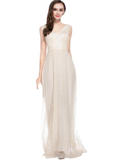 Oasap Women's Lace Paneled V Neck Organza Prom Dress