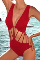 Oasap Red Strappy Hollow-out One-piece Swimwear