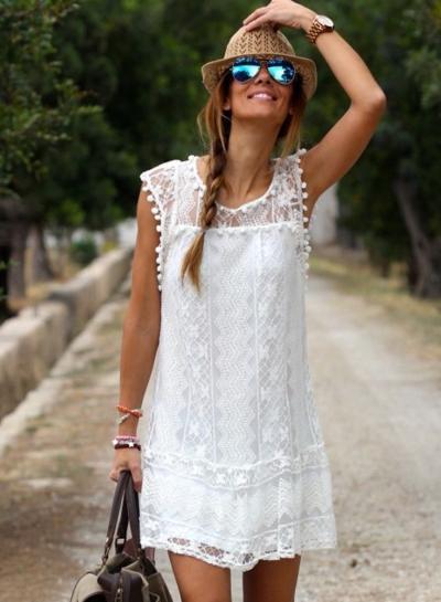 Oasap Fashion Solid Lace Dress With Pom Pom