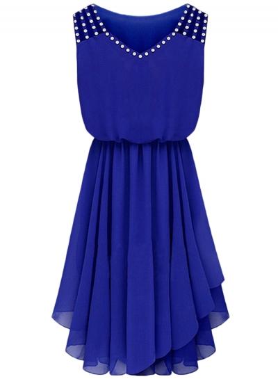 Oasap Women's V Neck Rhinestone Decor Asymmetric Chiffon Dress